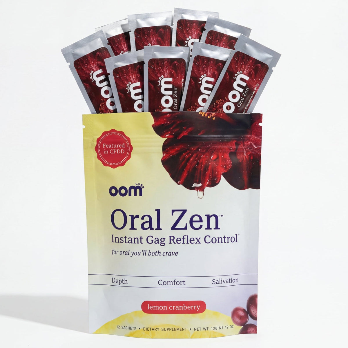 Packaging of Oom Oral Zen Instant Gag Reflex Control with lemon cranberry flavor on a white background