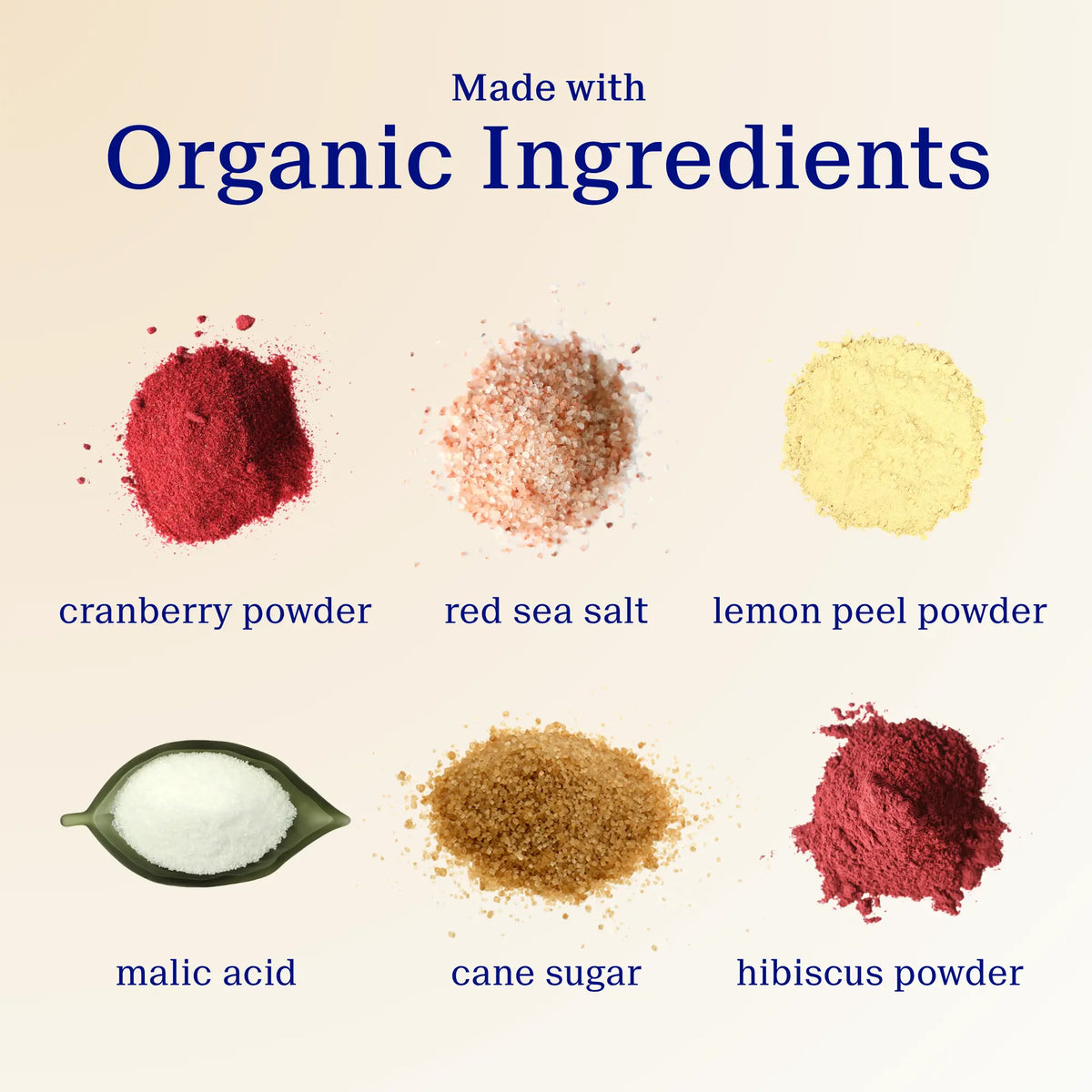 Oral Zen's ingredients including cranberry powder, red sea salt, lemon peel powder, malic acid, cane sugar, and hibiscus powder on a beige background.