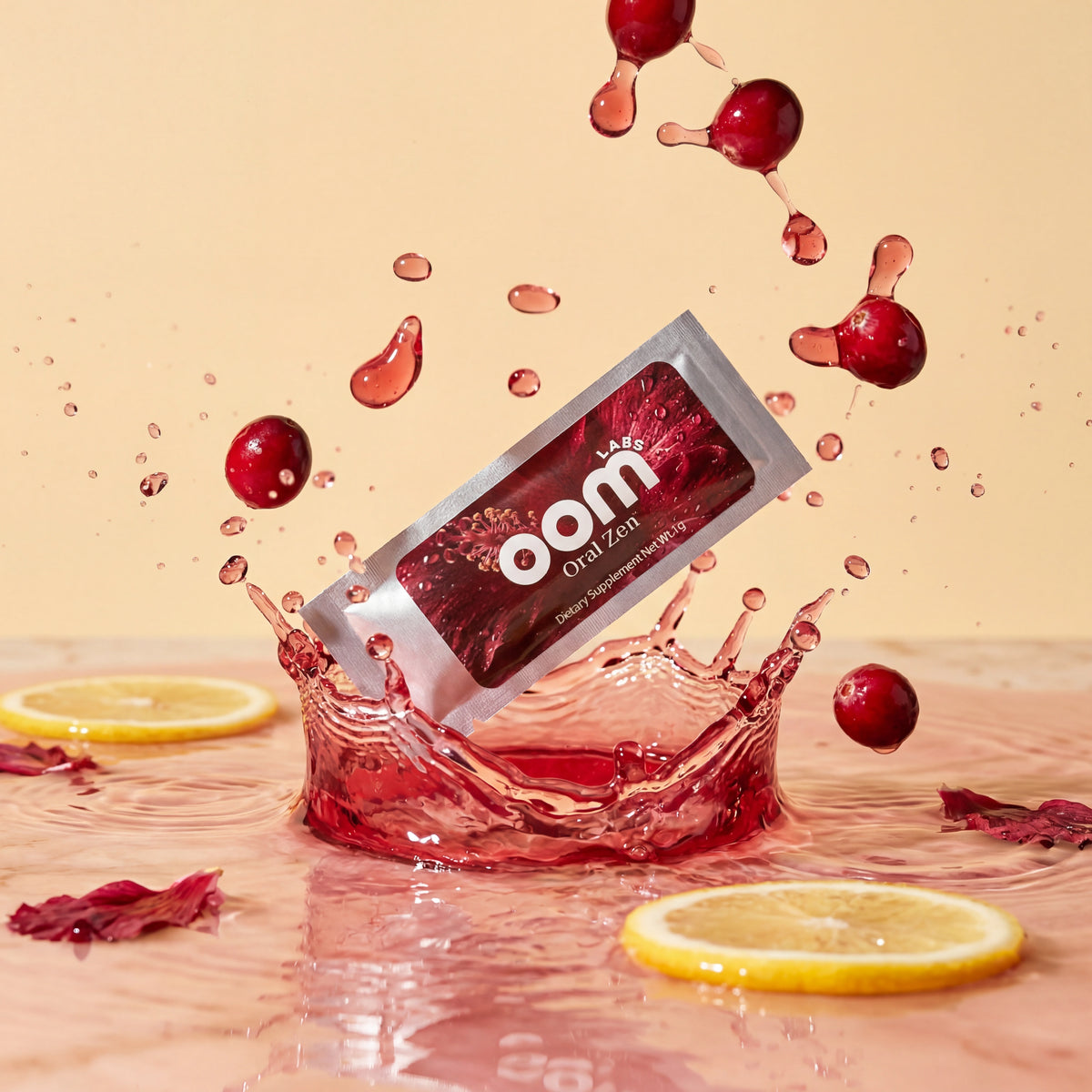 Hand holding oom labs Oral Zen sachet near open mouth