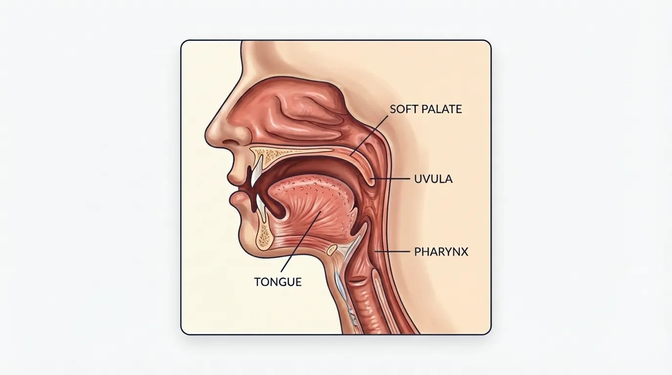 Anatomical cross-section illustration of the human mouth and throat showing the soft palate, uvula, tongue, and pharynx — the trigger zones that activate the gag reflex