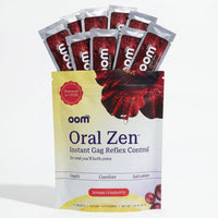 Packaging of Oom Oral Zen Instant Gag Reflex Control with lemon cranberry flavor on a white background