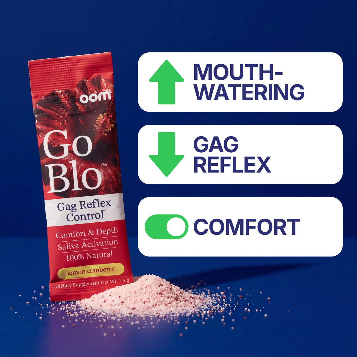 GoBlo stick pack with lemon cranberry powder: Mouth-Watering up, Gag Reflex down, Comfort on